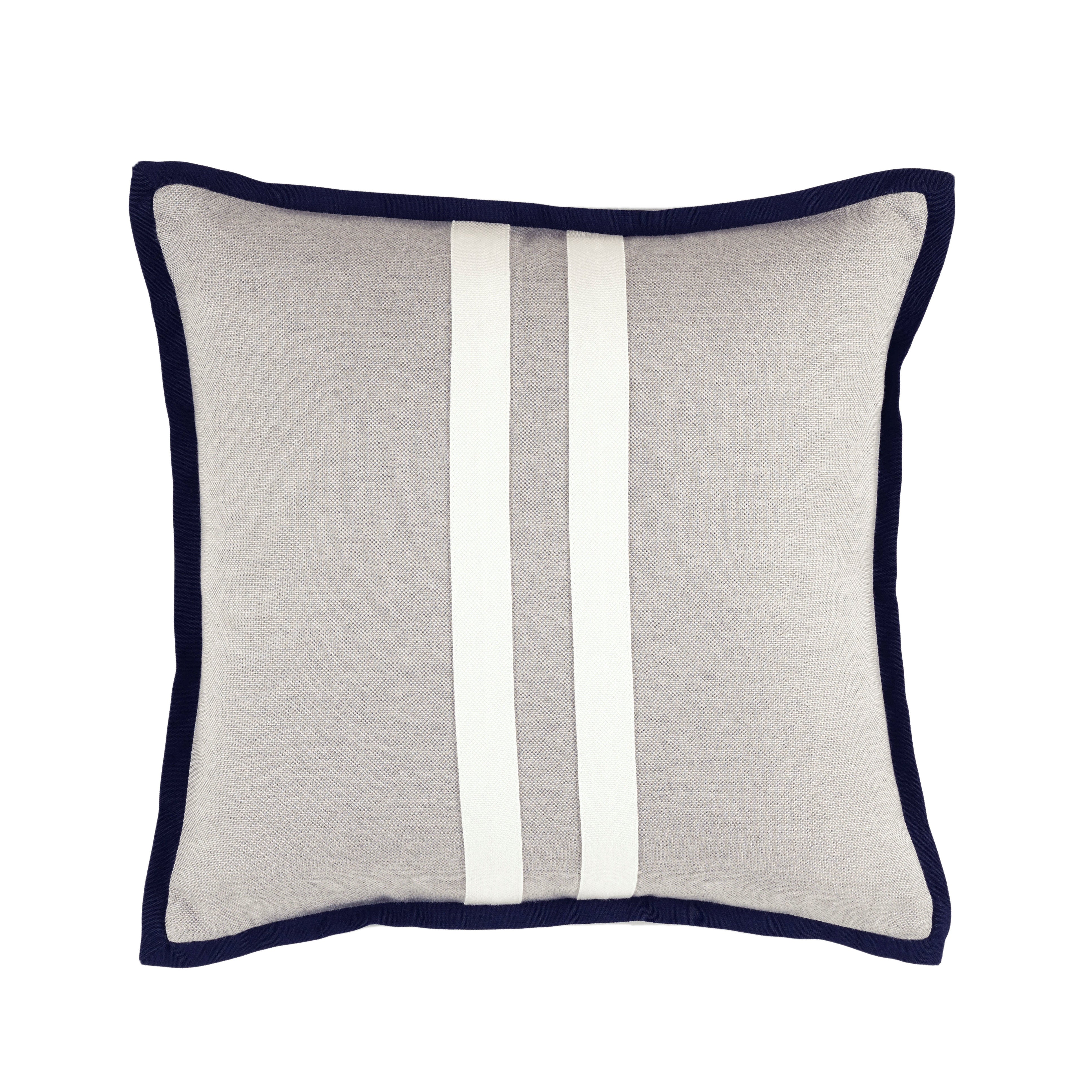 Beige Pillow - White Striped and Blue Piping