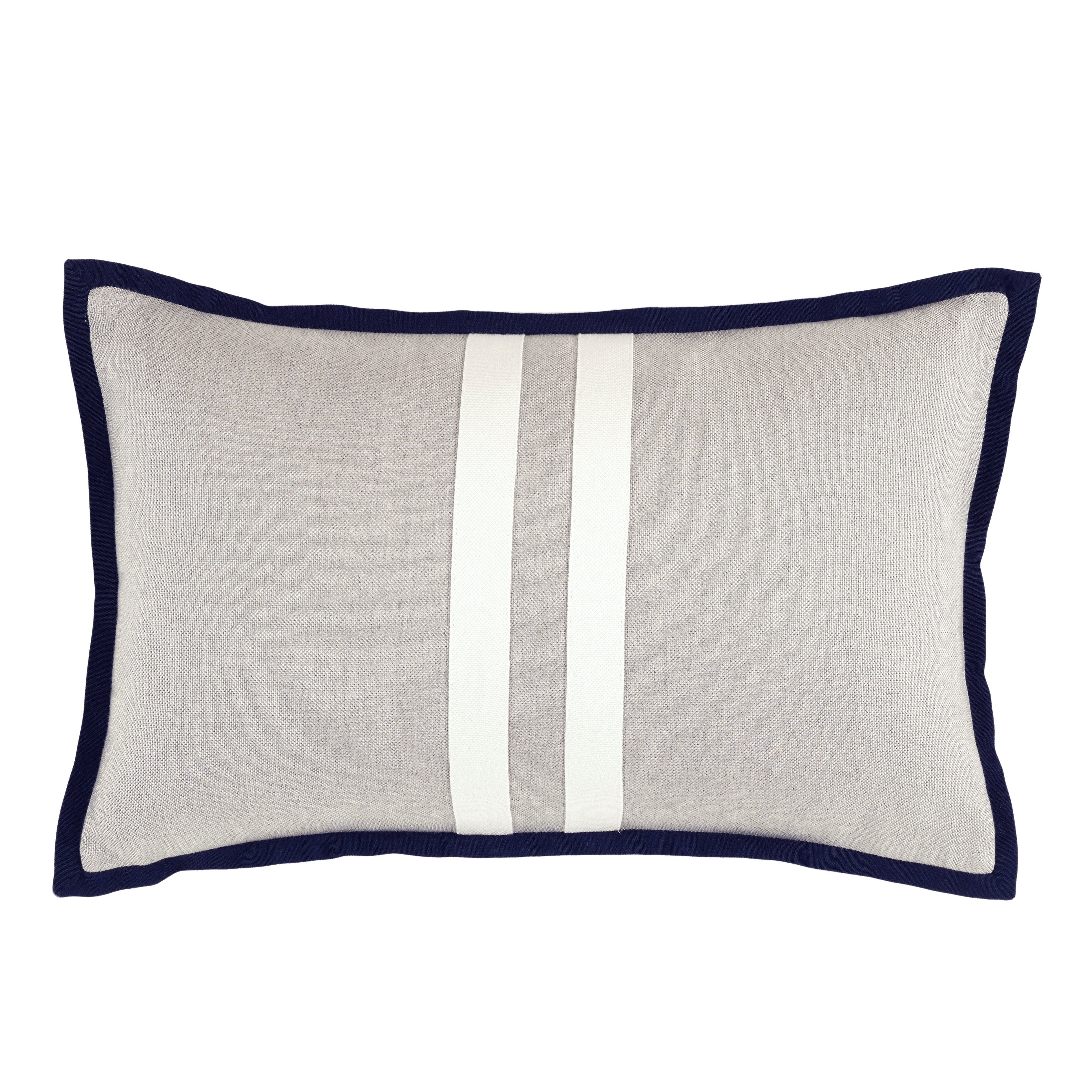 Beige Pillow - White Striped and Blue Piping